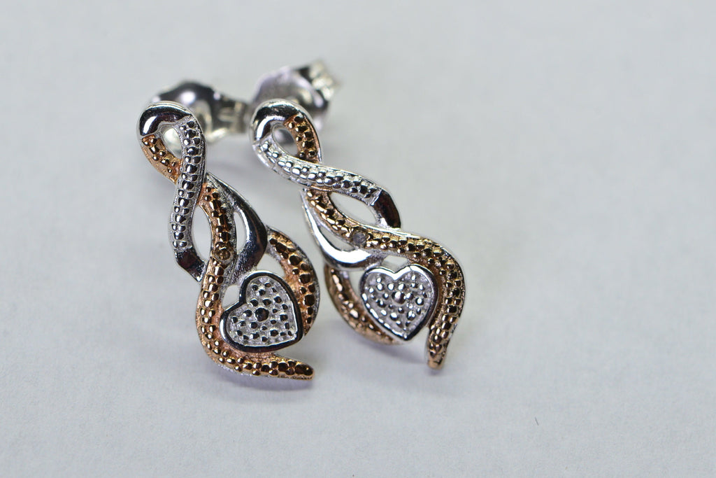 Sterling Silver and Rose Gold Real Diamond Tiny Stud Earrings