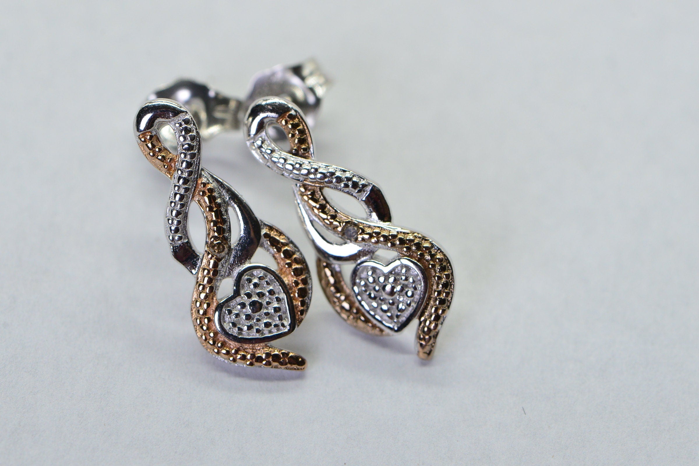 Sterling Silver and Rose Gold Real Diamond Tiny Stud Earrings