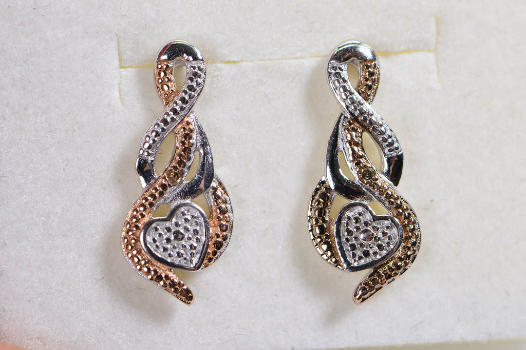 Sterling Silver and Rose Gold Real Diamond Tiny Stud Earrings