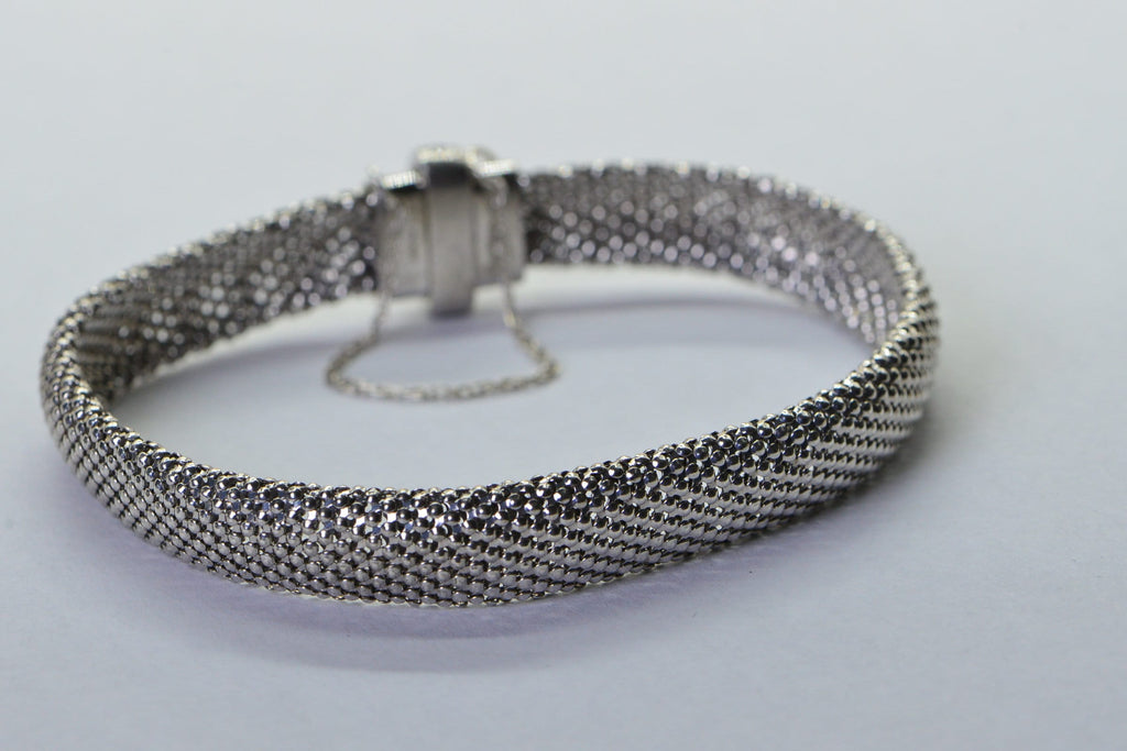 Solid Sterling Silver Flat Mesh Width 10mm Bracelet Sparkly Finished Rhodium Vintage Bracelet
