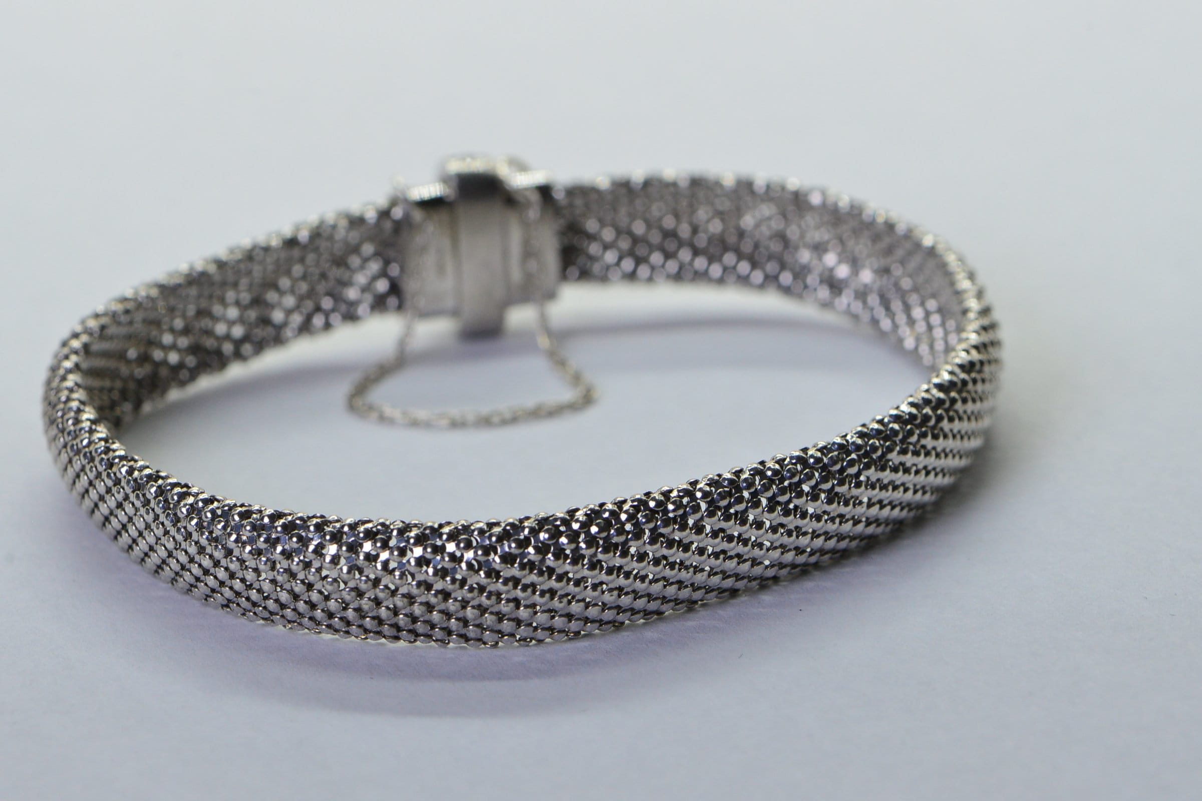 Solid Sterling Silver Flat Mesh Width 10mm Bracelet Sparkly Finished Rhodium Vintage Bracelet