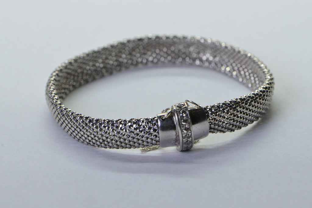 Solid Sterling Silver Flat Mesh Width 10mm Bracelet Sparkly Finished Rhodium Vintage Bracelet