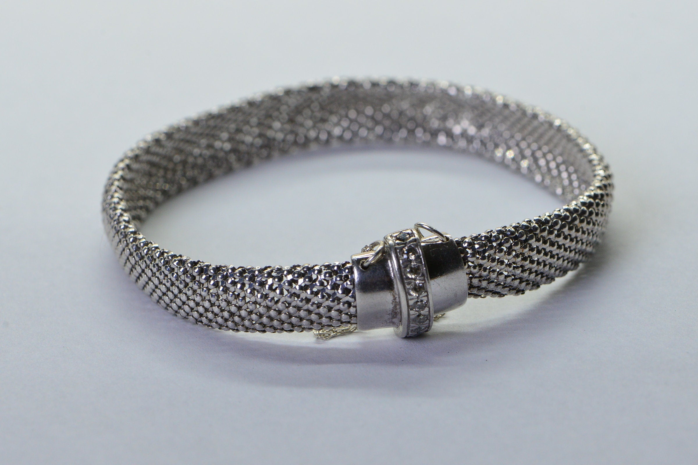 Solid Sterling Silver Flat Mesh Width 10mm Bracelet Sparkly Finished Rhodium Vintage Bracelet