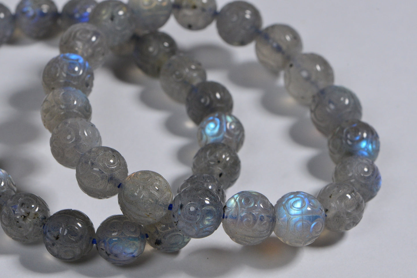 10mm Carved Labradorite Bracelet: Round Blue Flash Crystal