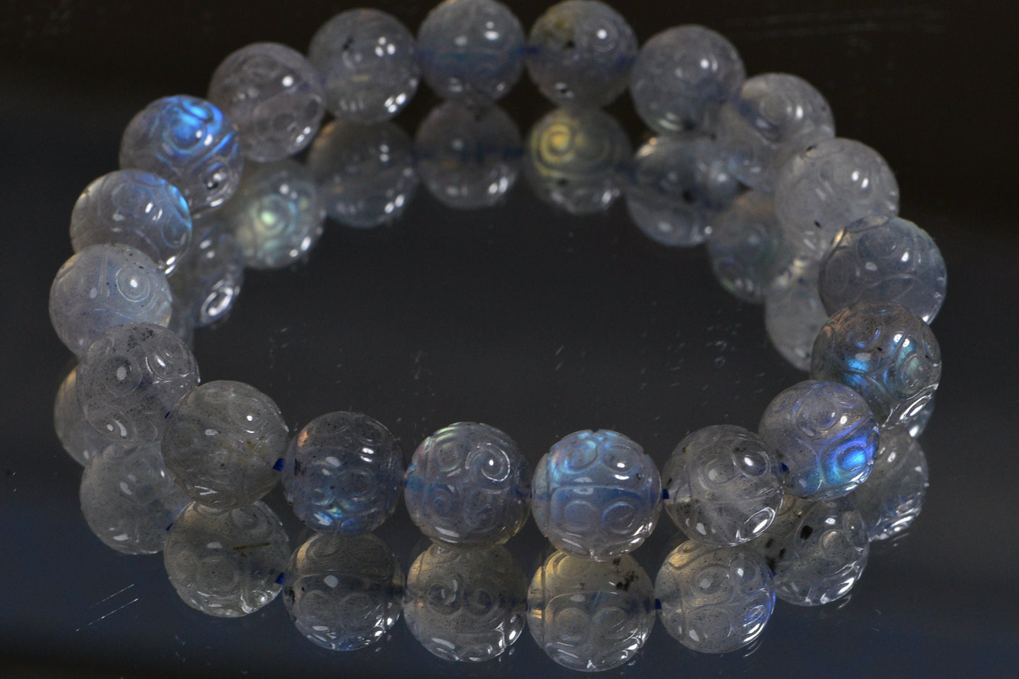 10mm Carved Labradorite Bracelet: Round Blue Flash Crystal