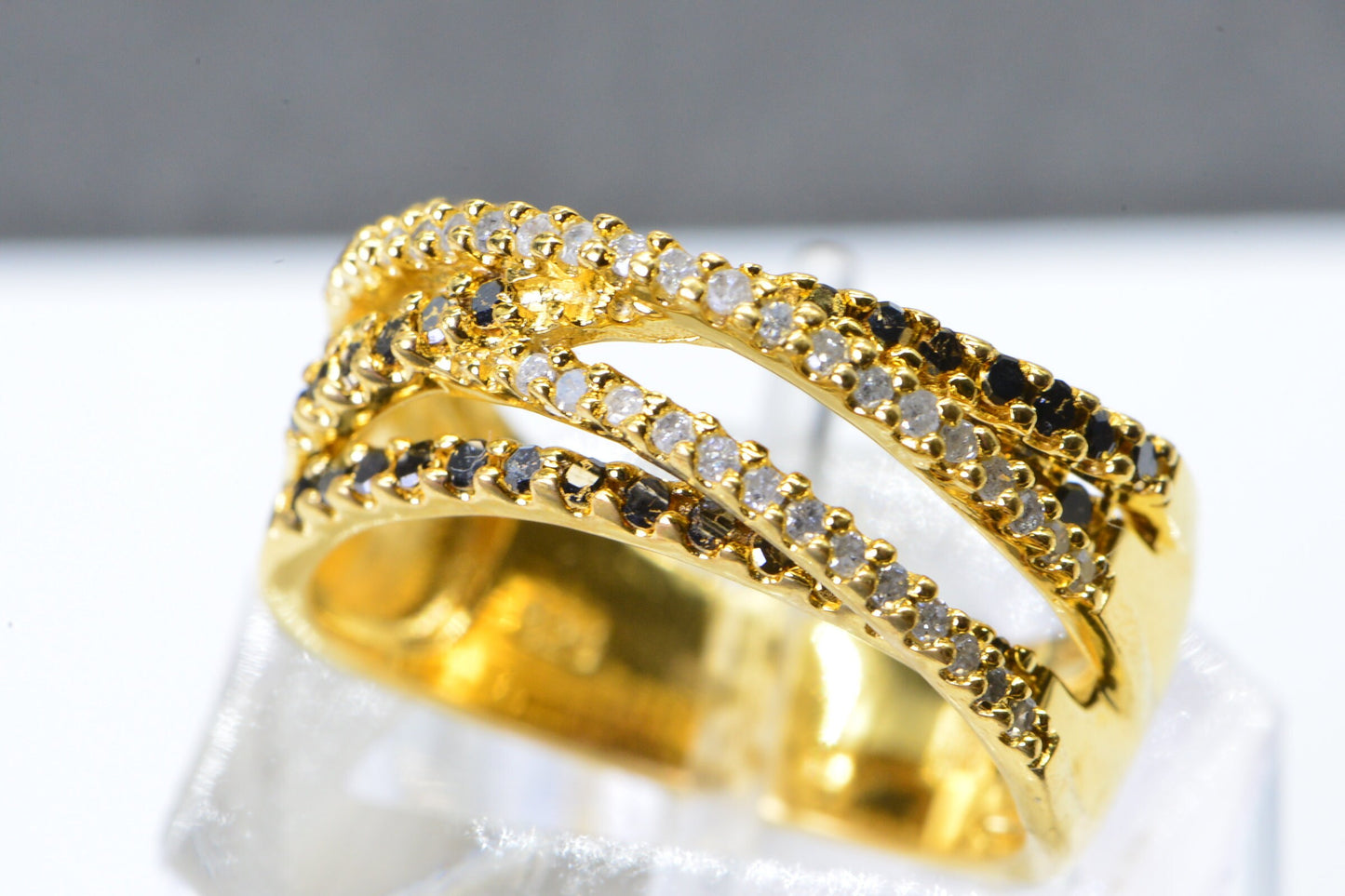 24K Gold Over Sterling Silver Diamond Dome Ring: Black & White Multi-Stone