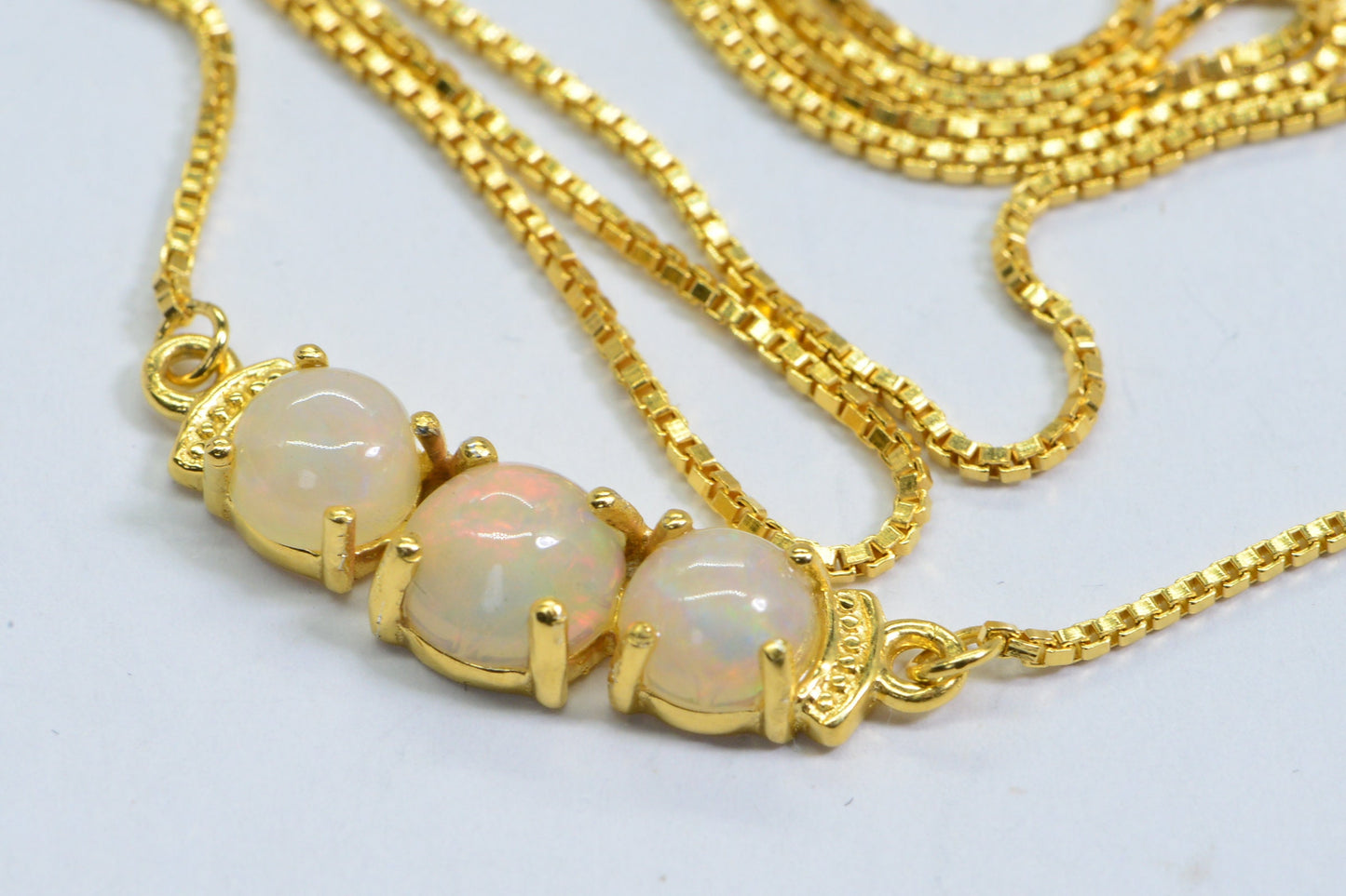 Ethiopian Welo Opal Necklace: 24K Gold Electroplated Three Stone Bar