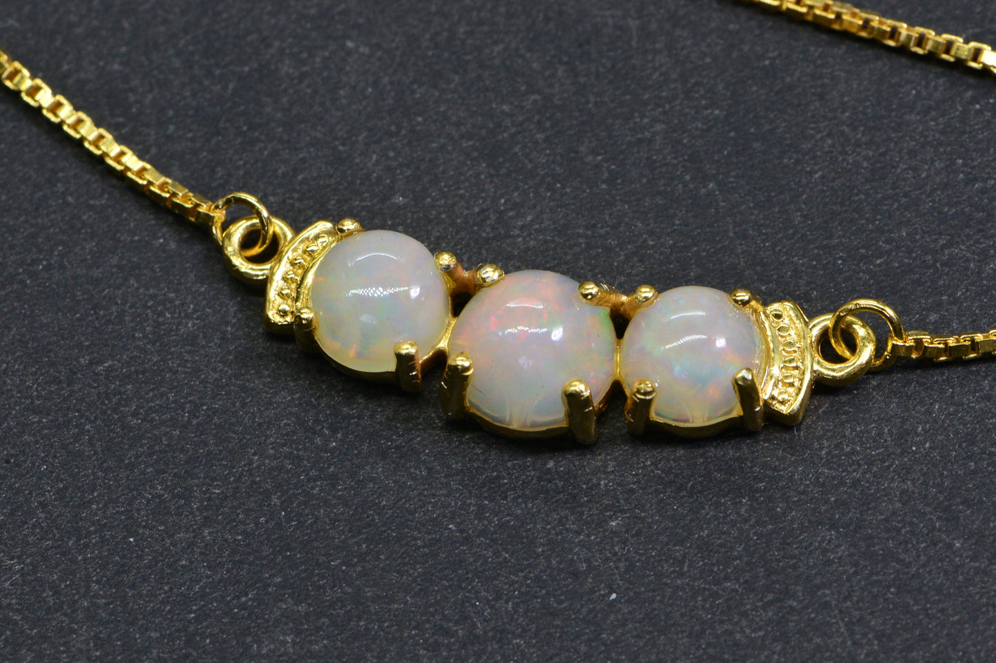 Ethiopian Welo Opal Necklace: 24K Gold Electroplated Three Stone Bar