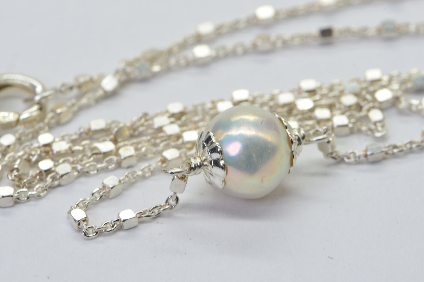 Freshwater Pearl Choker, Sterling Silver Satellite Chain, Single Pearl Necklace