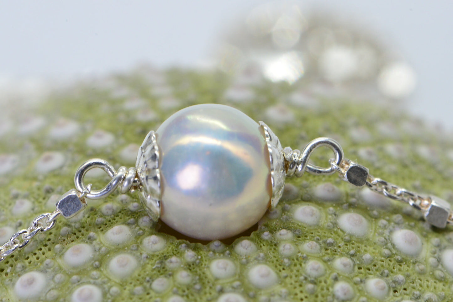Freshwater Pearl Choker, Sterling Silver Satellite Chain, Single Pearl Necklace