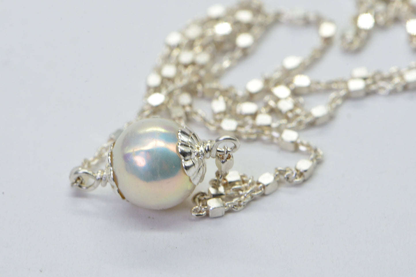 Freshwater Pearl Choker, Sterling Silver Satellite Chain, Single Pearl Necklace