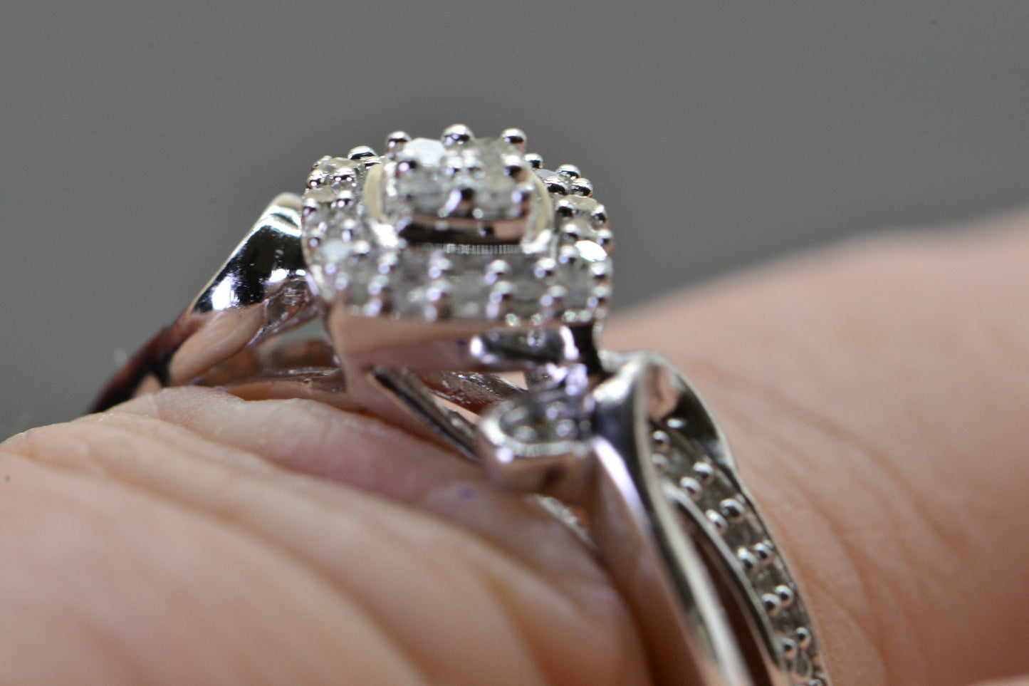 Vintage Diamond Cluster Ring: Sterling Silver Rhodium Finish