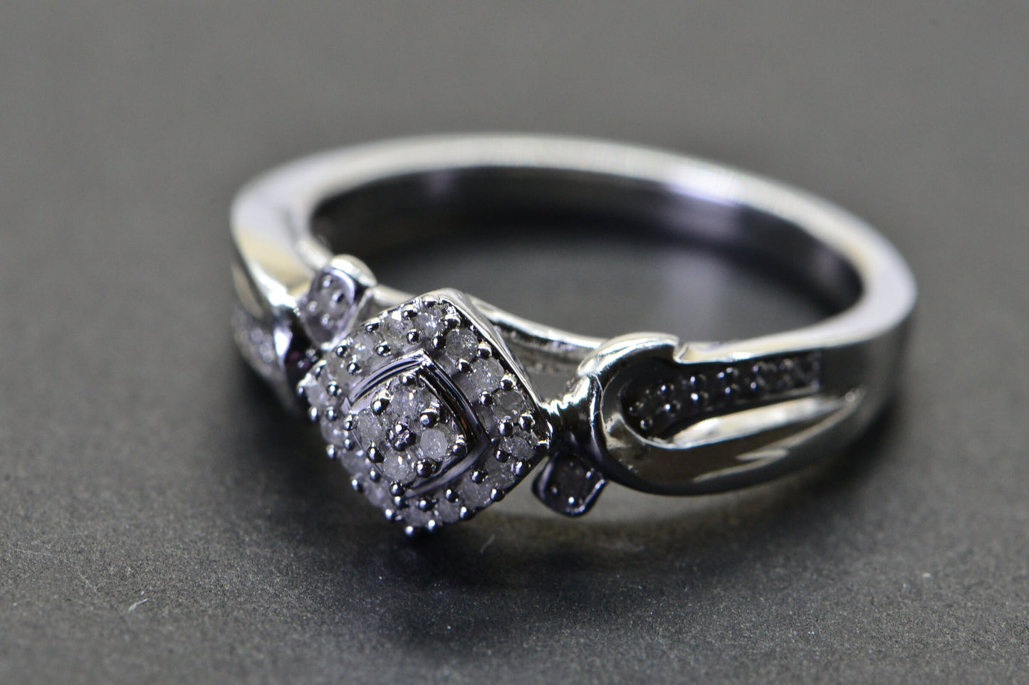 Vintage Diamond Cluster Ring: Sterling Silver Rhodium Finish