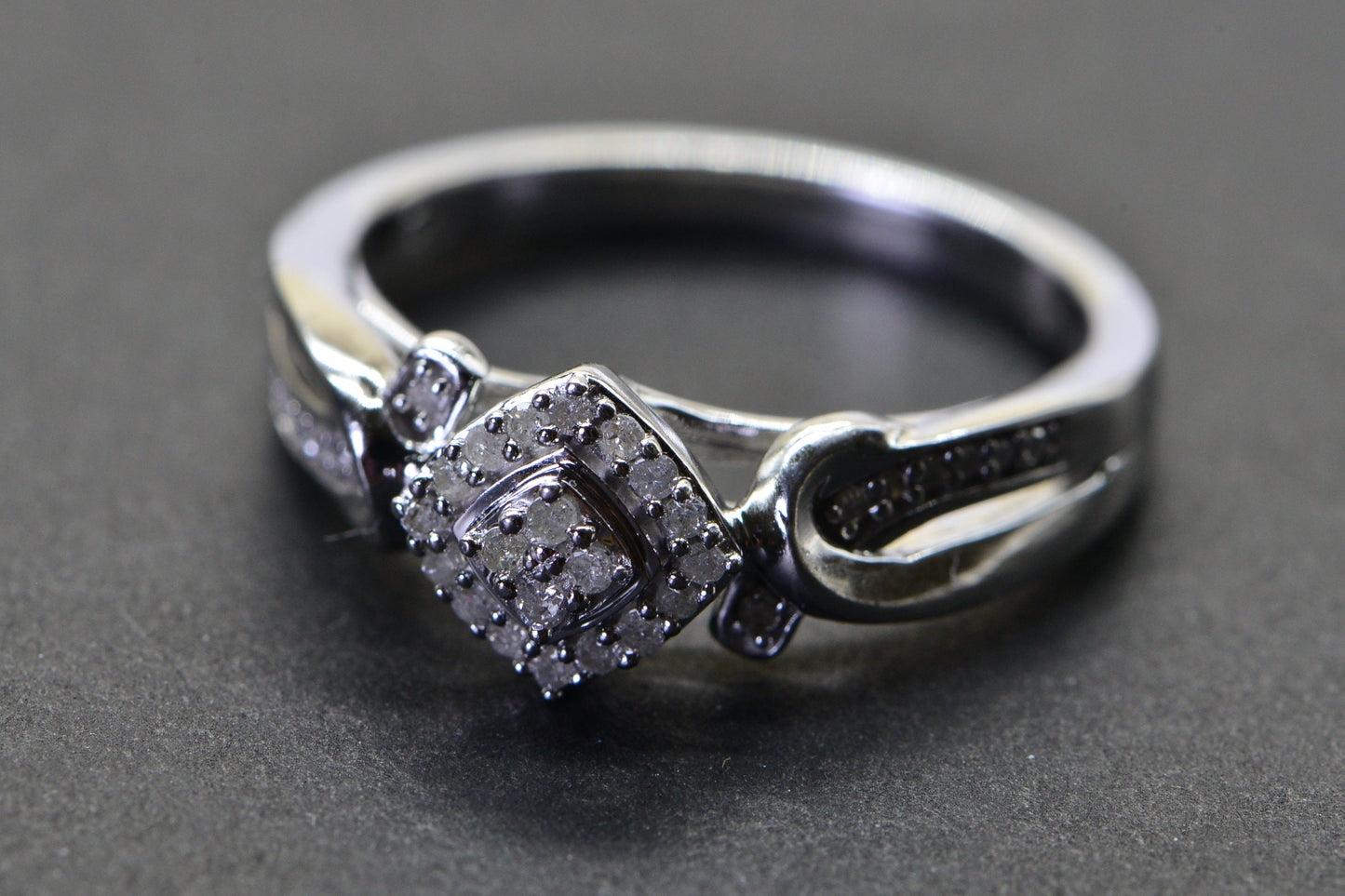 Vintage Diamond Cluster Ring: Sterling Silver Rhodium Finish