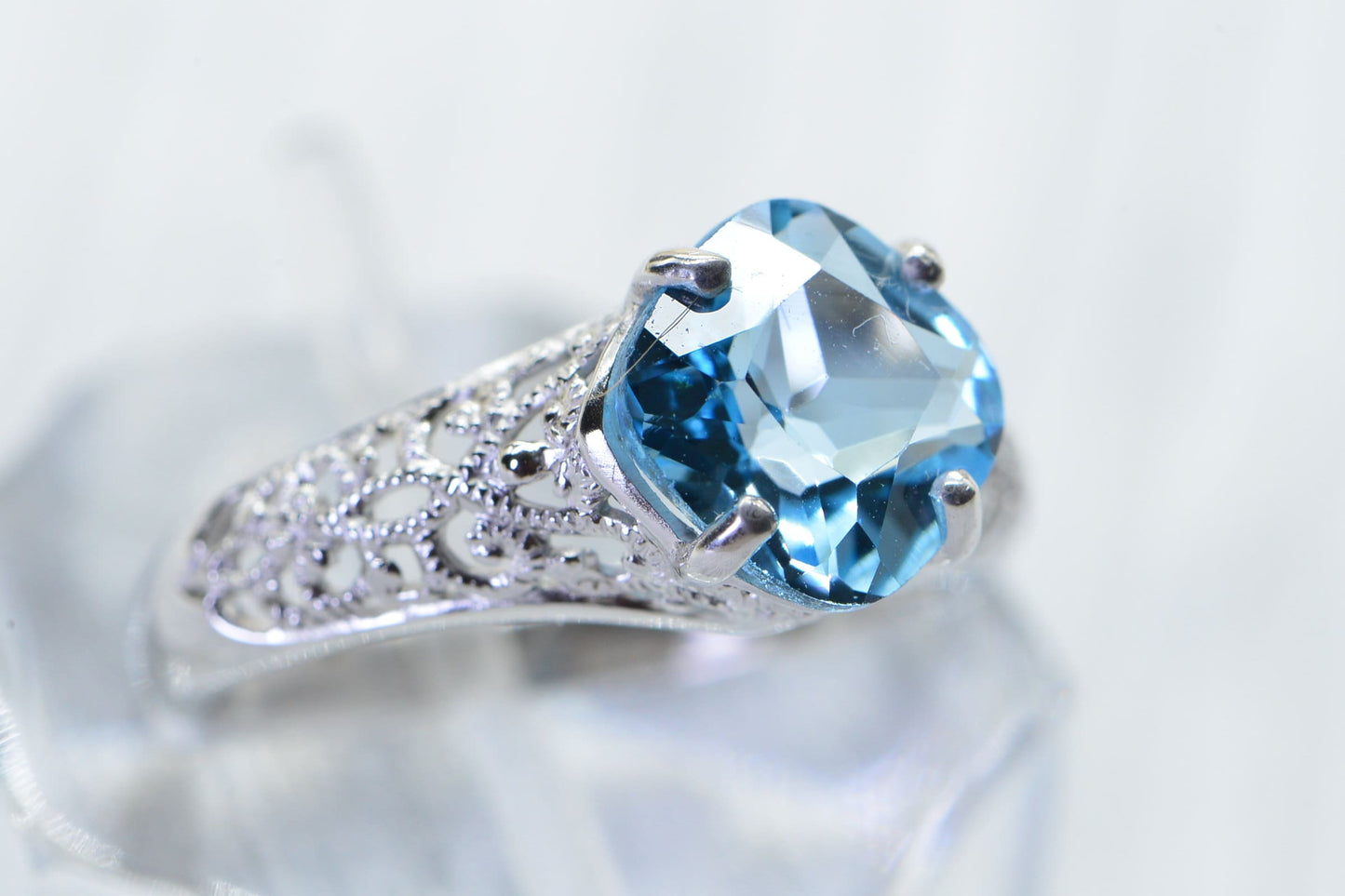 Blue Topaz Cushion Stone Ring: Filigree Rhodium Sterling Silver