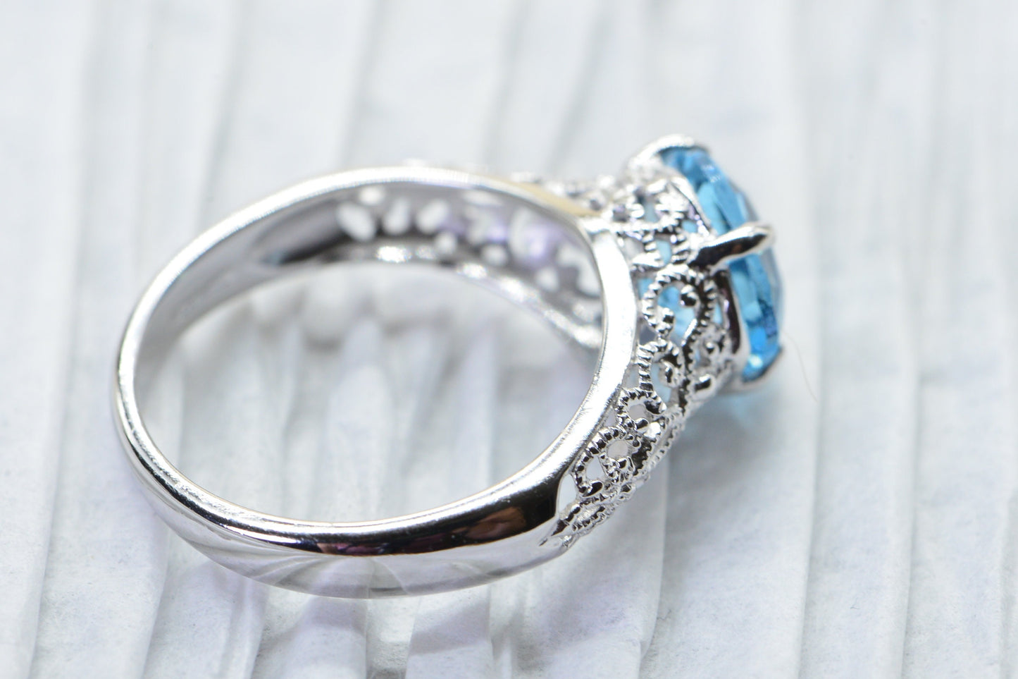 Blue Topaz Cushion Stone Ring: Filigree Rhodium Sterling Silver