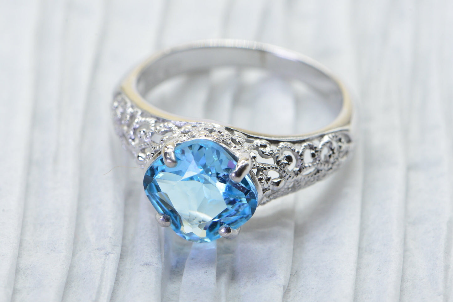 Blue Topaz Cushion Stone Ring: Filigree Rhodium Sterling Silver
