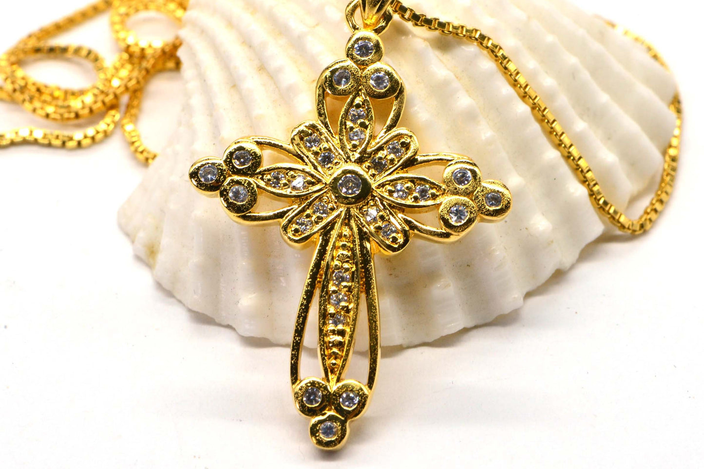 24K Gold Over Sterling Silver Cross Necklace: Simulated Diamond Pendant