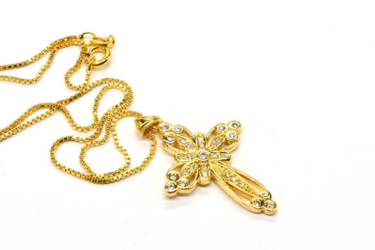 24K Gold Over Sterling Silver Cross Necklace: Simulated Diamond Pendant