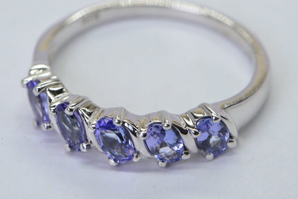 Genuine Tanzanite Sterling Silver Ring: Five Oval Stone Band, December Birthstone