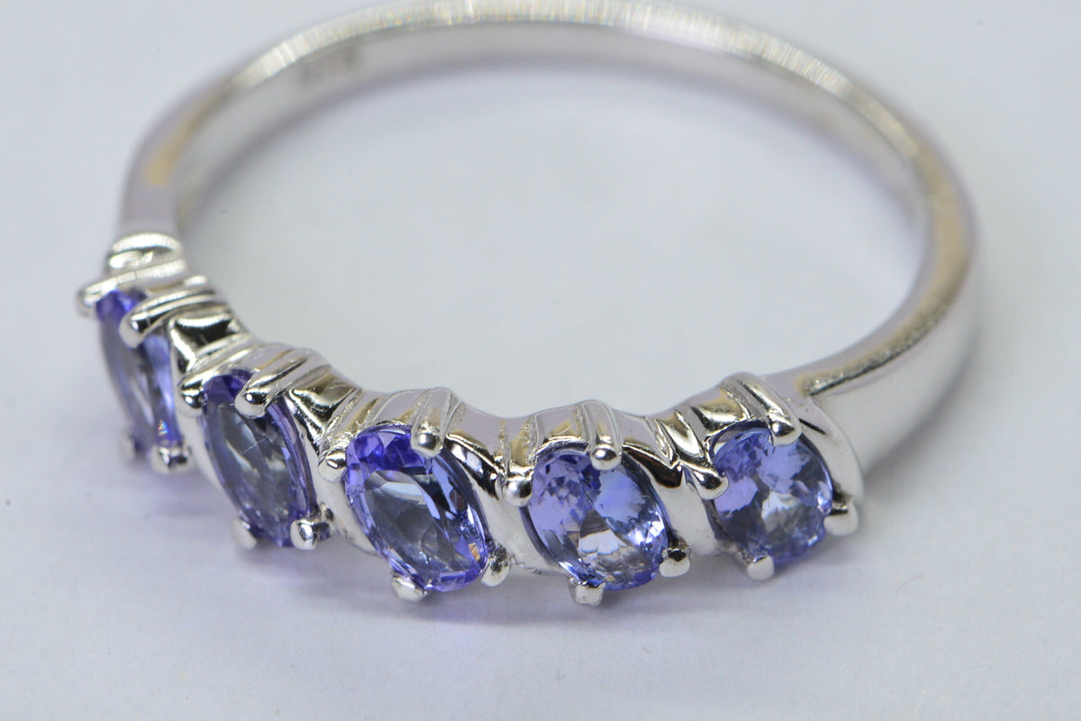Genuine Tanzanite Sterling Silver Ring: Five Oval Stone Band, December Birthstone