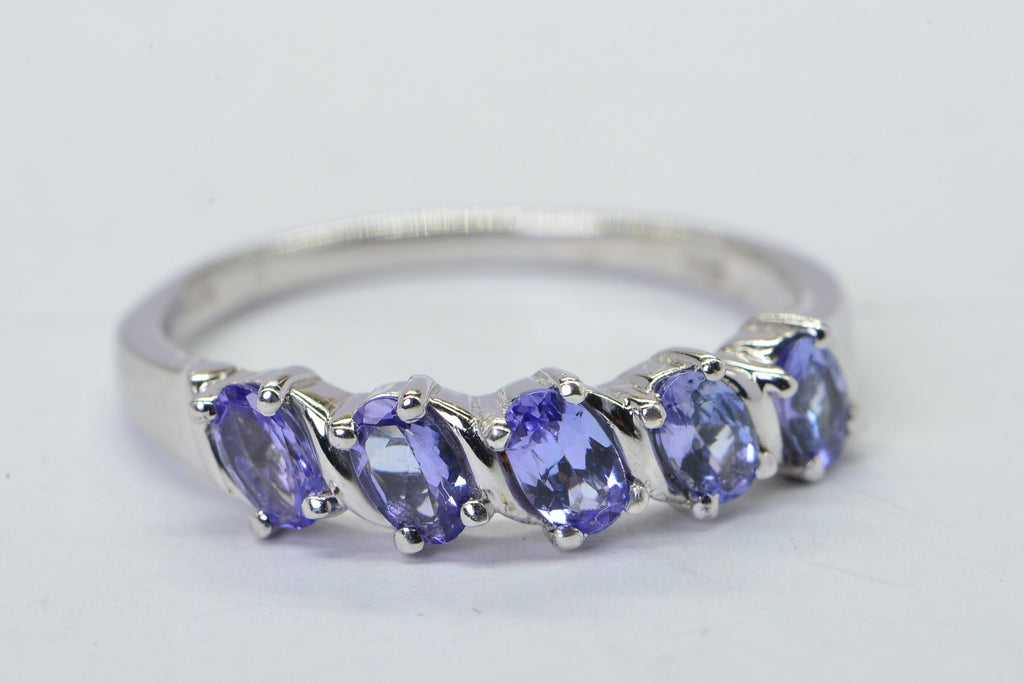 Genuine Tanzanite Sterling Silver Ring: Five Oval Stone Band, December Birthstone