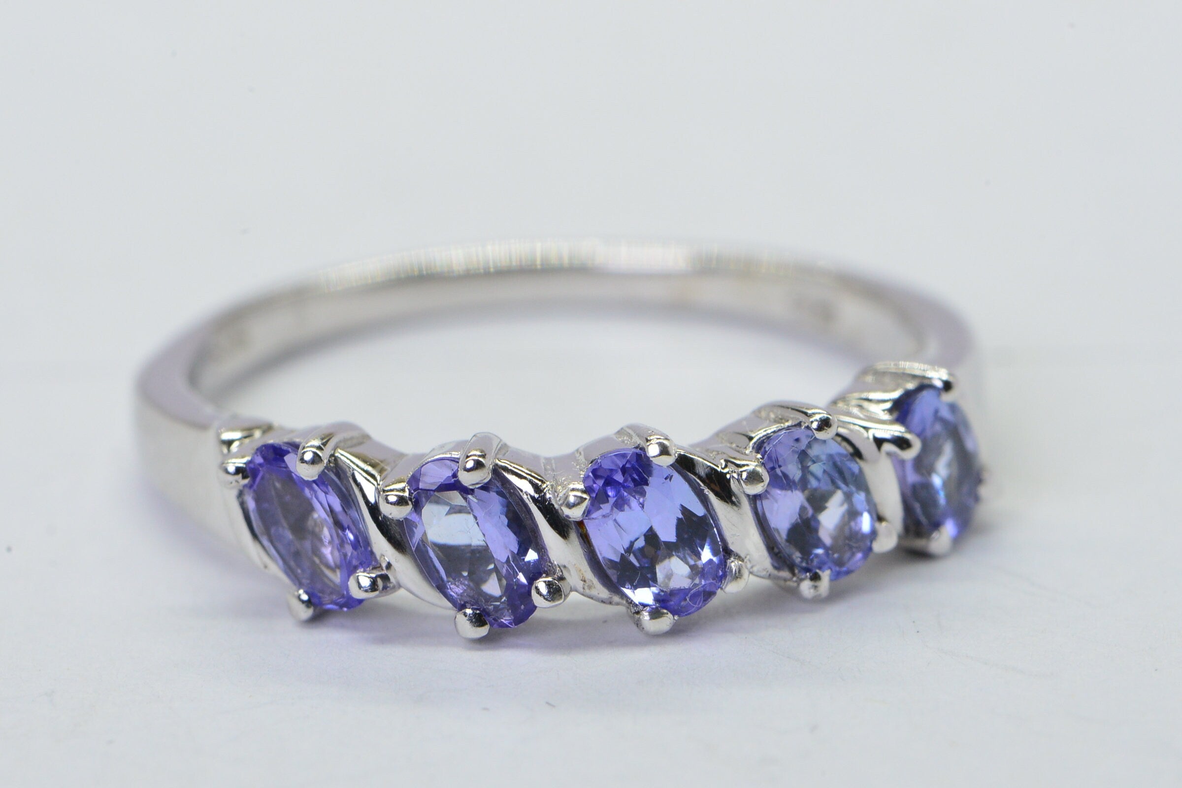 Genuine Tanzanite Sterling Silver Ring: Five Oval Stone Band, December Birthstone