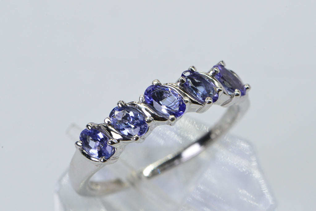 Genuine Tanzanite Sterling Silver Ring: Five Oval Stone Band, December Birthstone