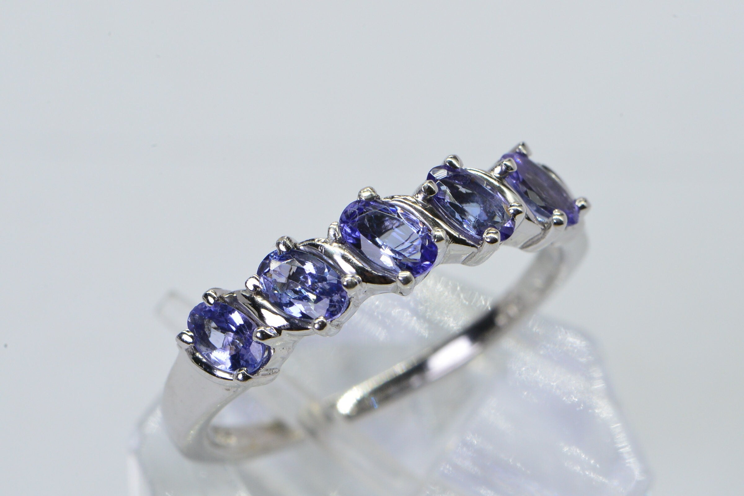 Genuine Tanzanite Sterling Silver Ring: Five Oval Stone Band, December Birthstone