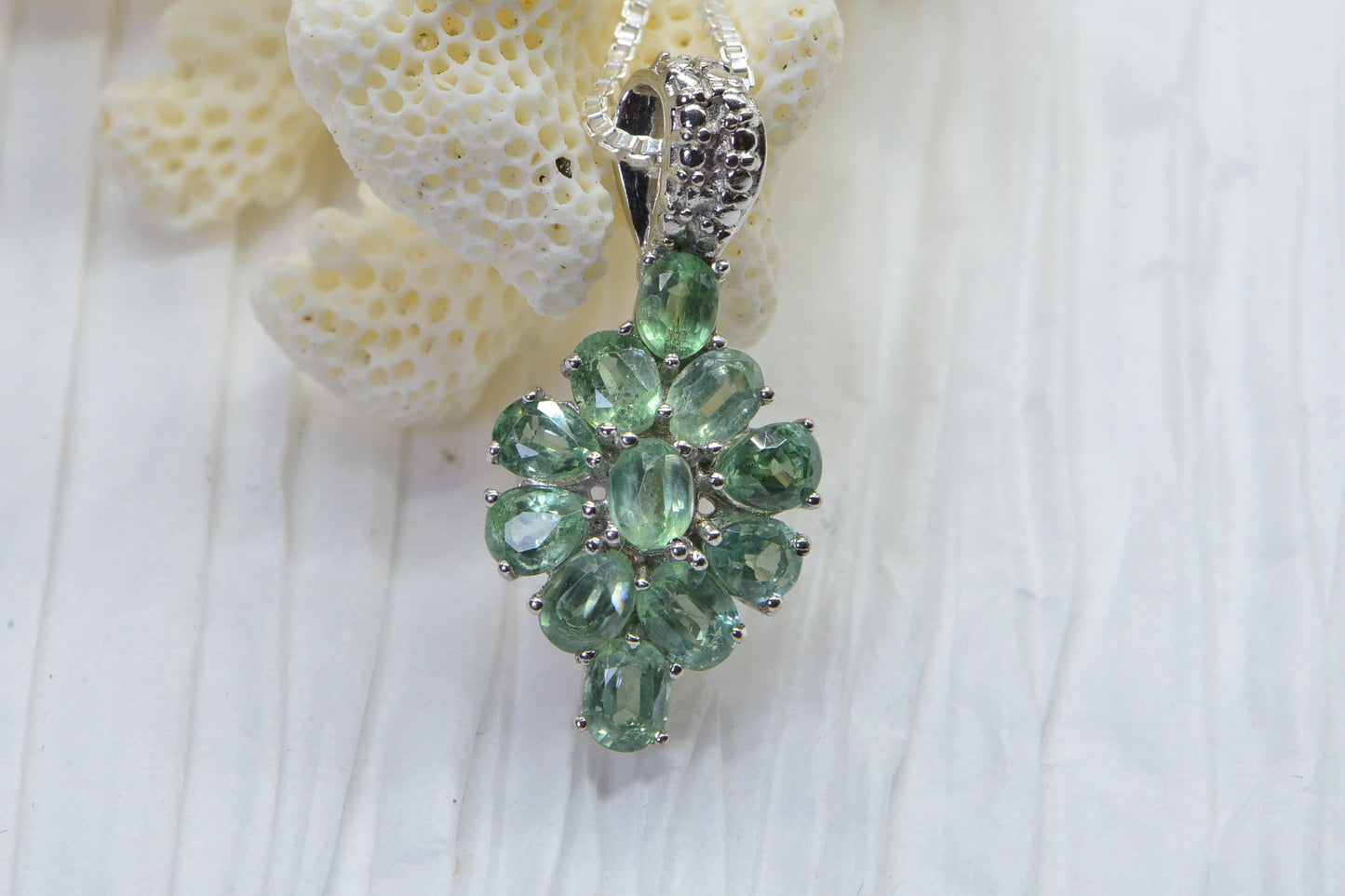 Green Sapphire Flower Cluster Pendant Necklace: Sterling Silver Floral Design