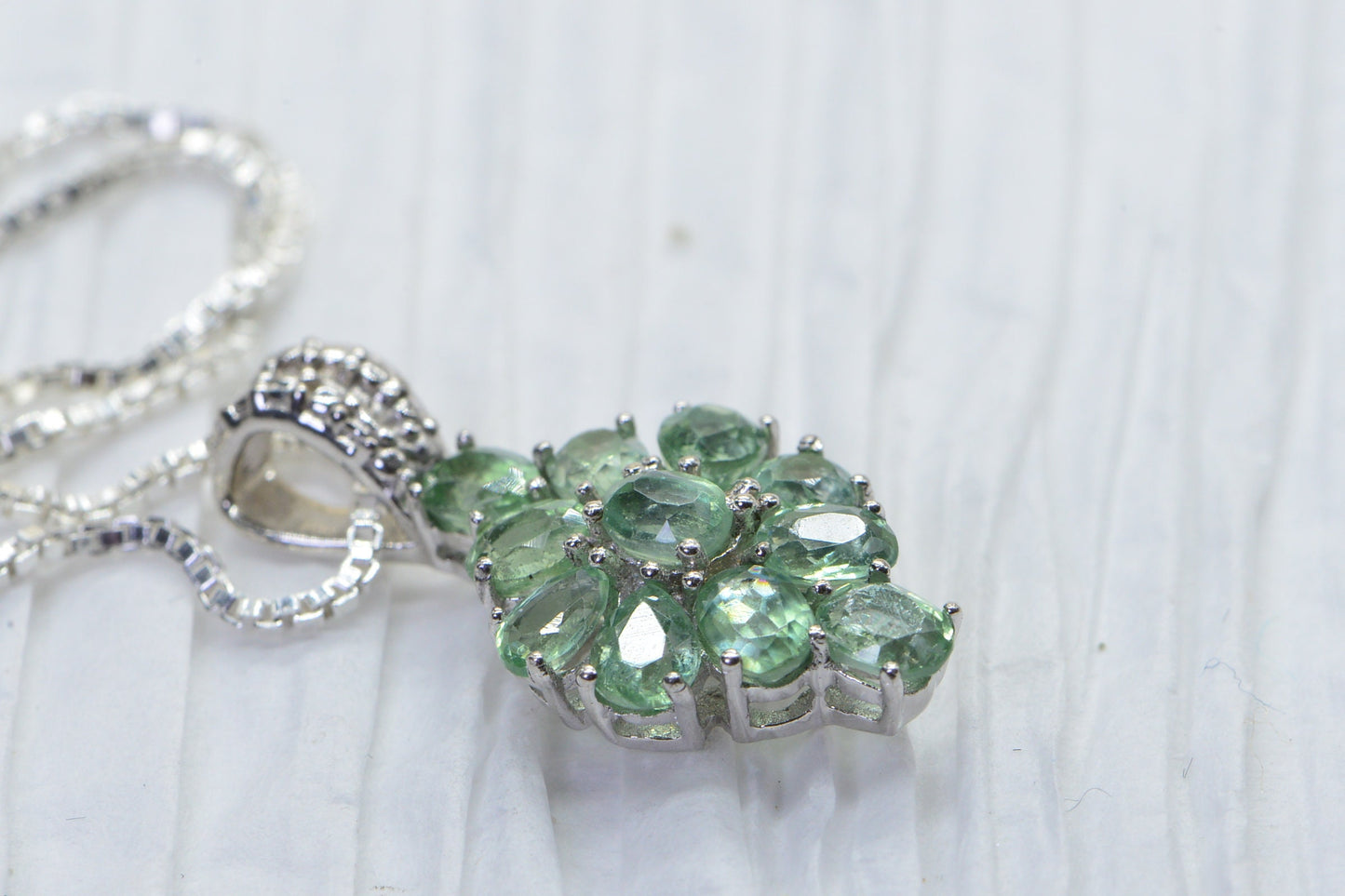 Green Sapphire Flower Cluster Pendant Necklace: Sterling Silver Floral Design