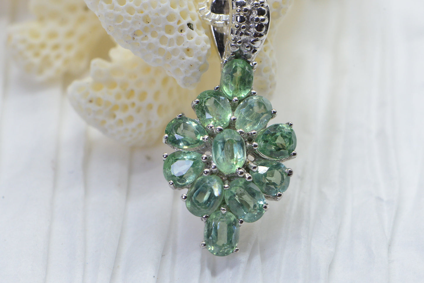 Green Sapphire Flower Cluster Pendant Necklace: Sterling Silver Floral Design