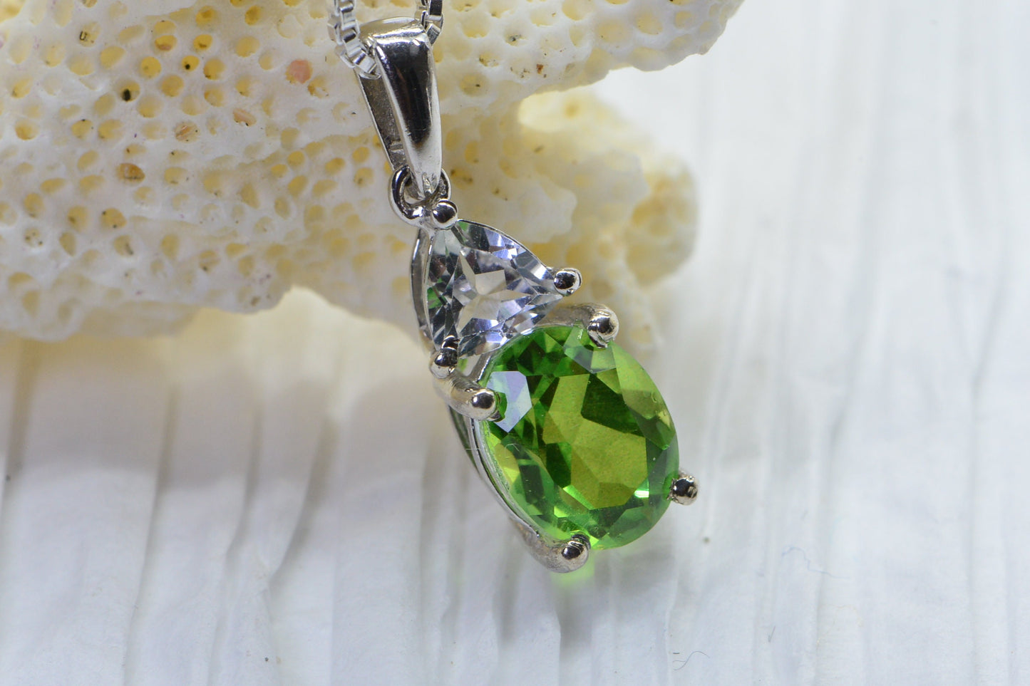 Small Natural Peridot and White Topaz Pendant Oval Style Sterling Silver   Birthstone Jewelry