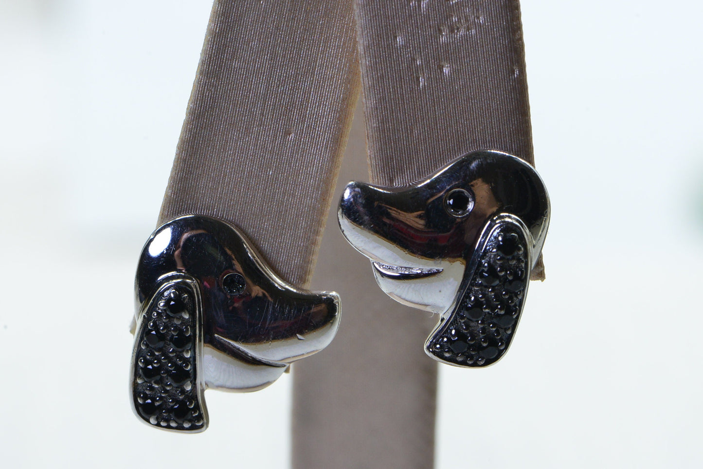 Dog Head Stud Earrings Black Tourmaline Sparkly Silver Solid Vintage Earrings