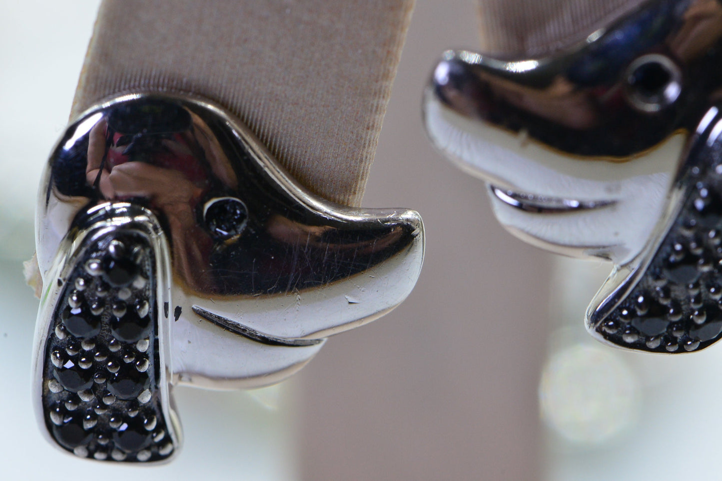 Dog Head Stud Earrings Black Tourmaline Sparkly Silver Solid Vintage Earrings