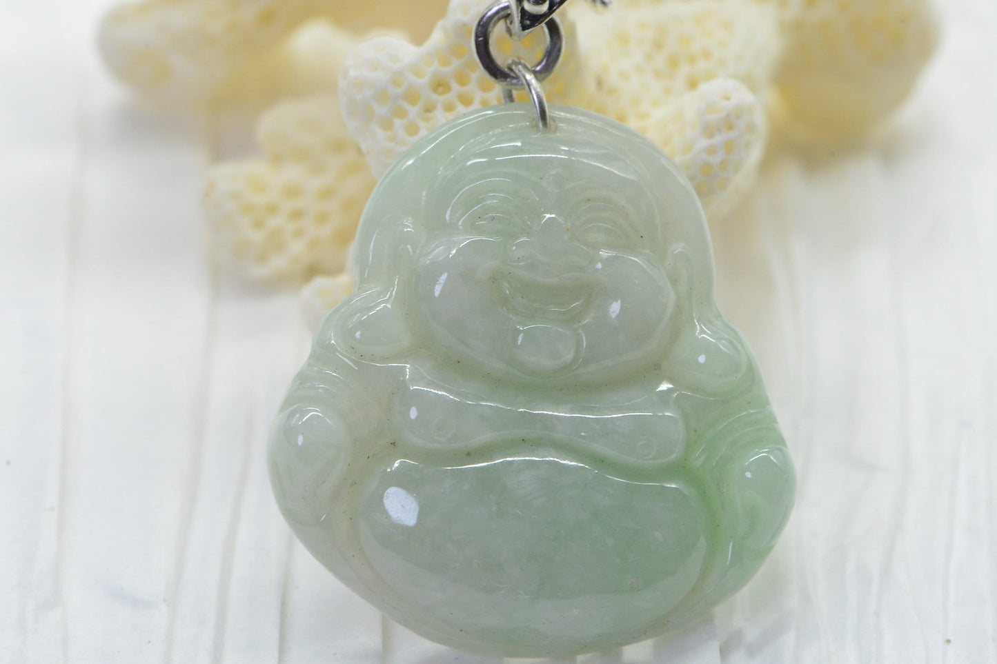 Ice Green Burmese Jade Carved Buddha Pendant