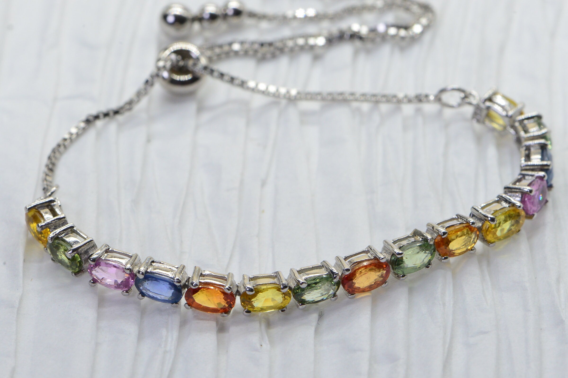 Multi Color Sapphire Bracelet: Sterling Silver Oval Tennis Bracelet