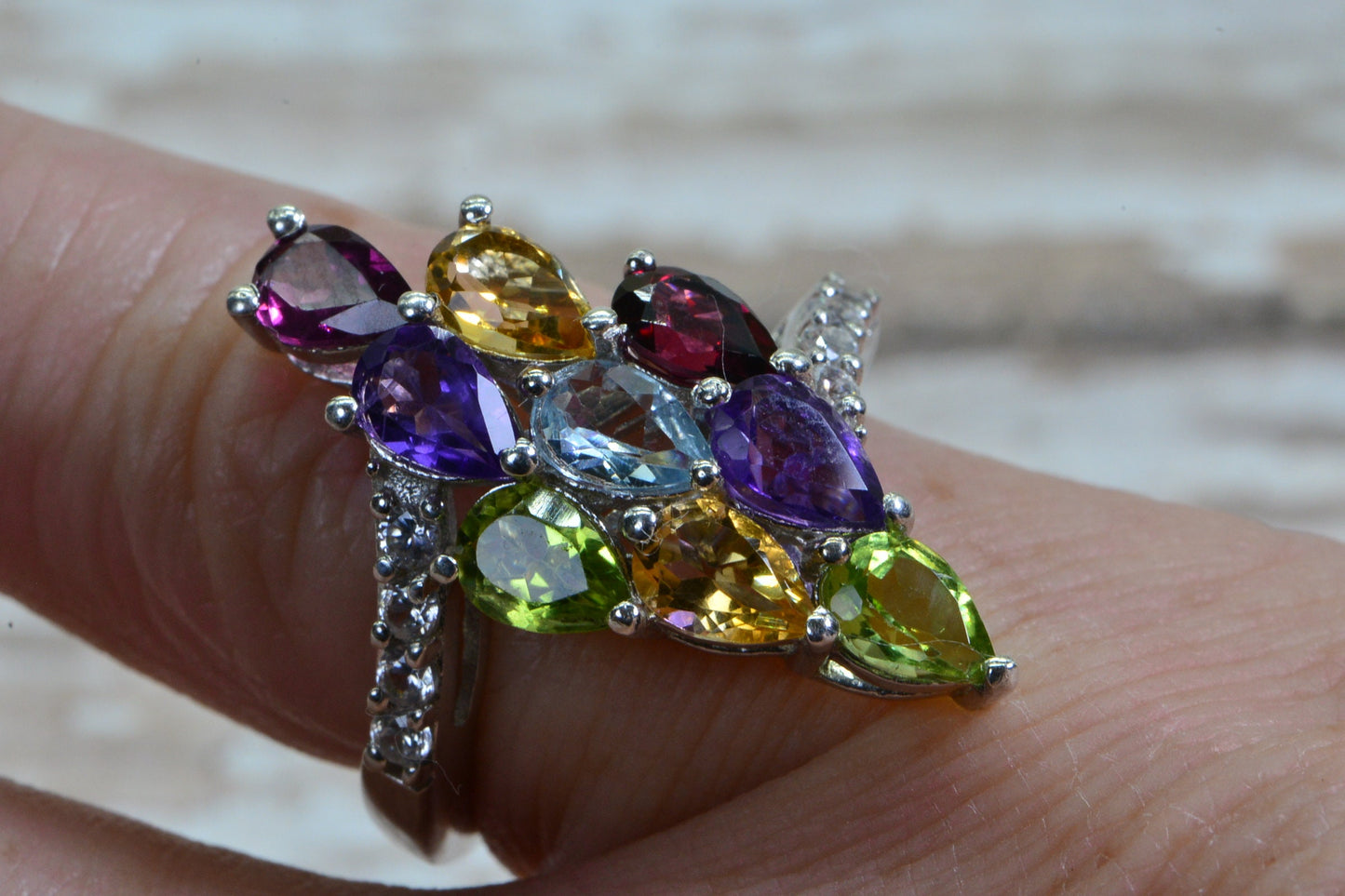 Multi Color Gemstone Marquise Ring Amethyst Aquamarine Citrine Garnet Cluster Ring