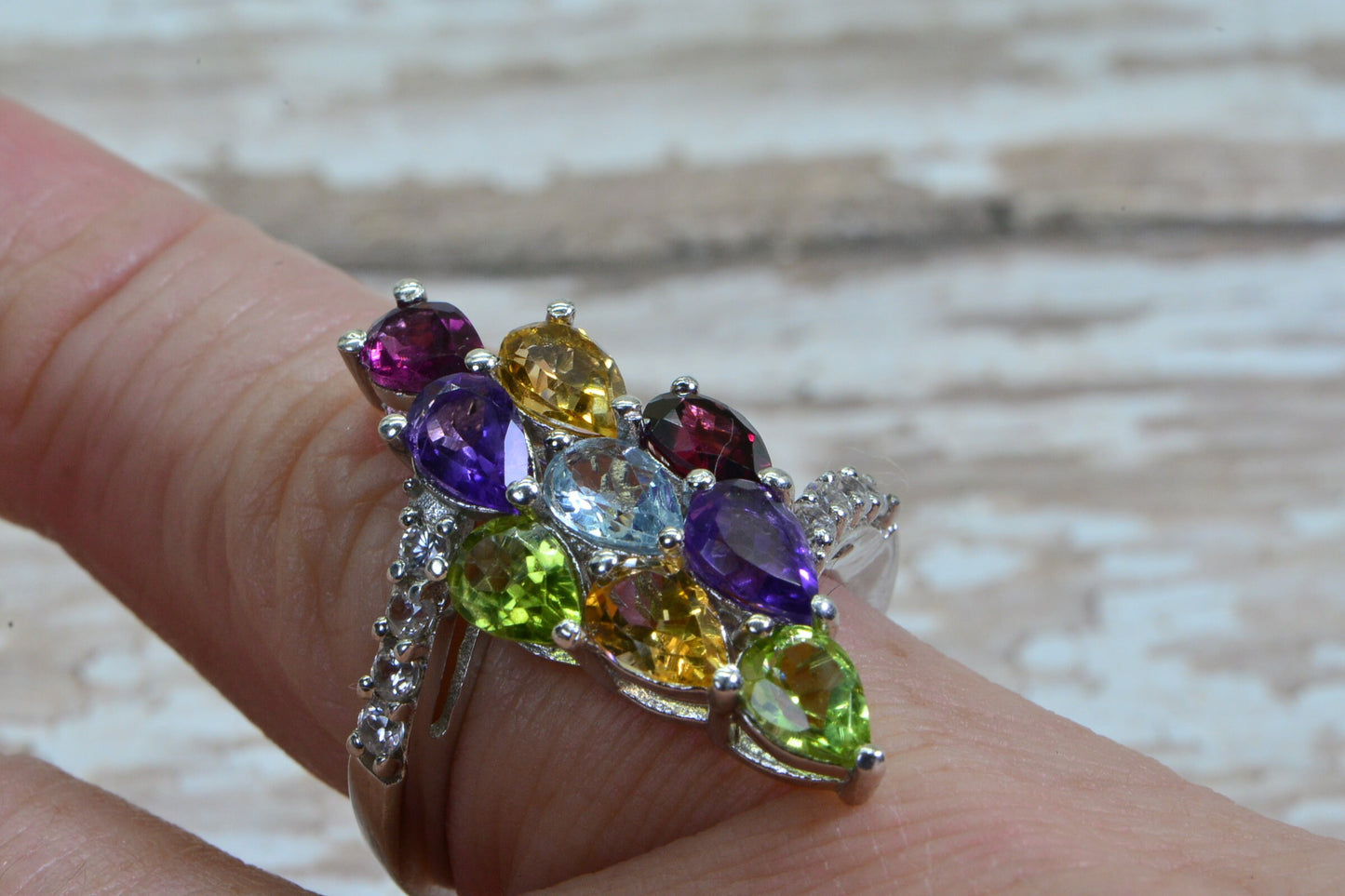 Multi Color Gemstone Marquise Ring Amethyst Aquamarine Citrine Garnet Cluster Ring