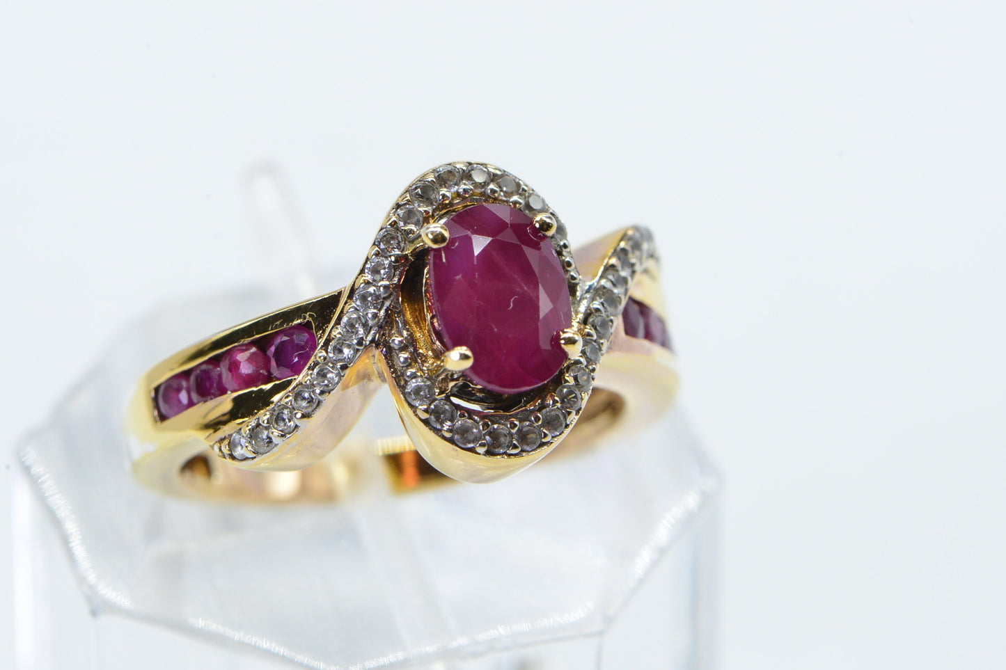 Vintage Ruby Ring, 24K Gold Plated Sterling Silver, Zircon Accents