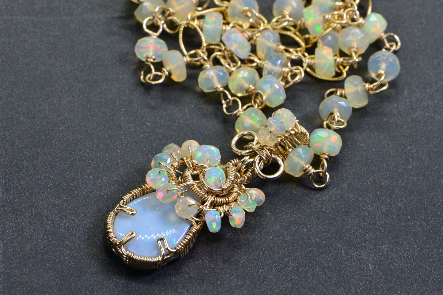 Australian Opal & Ethiopian Welo Opal Necklace, 14K Gold Filled Wire Wrapped Pendant