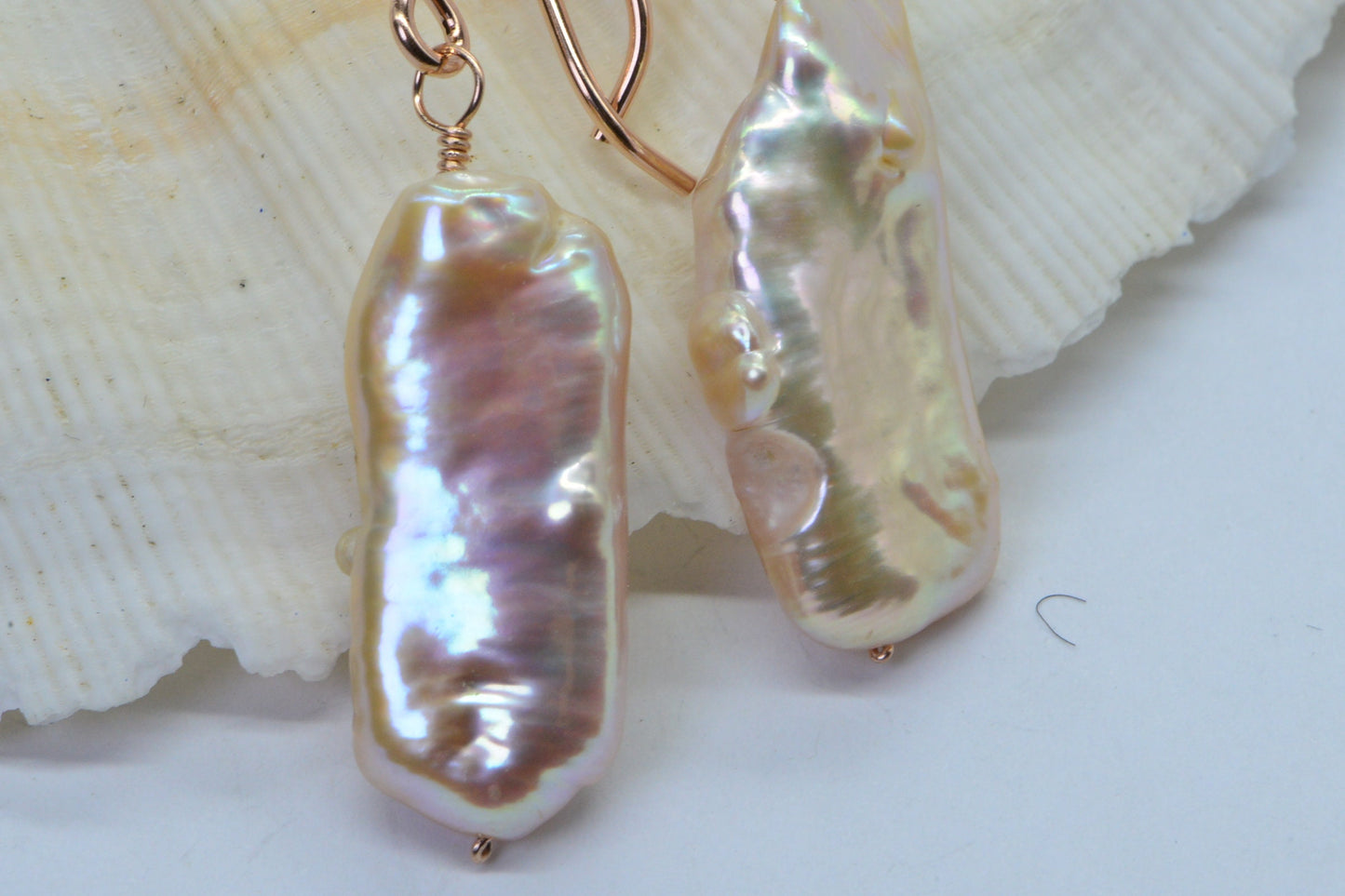 Biwa Pearl Earrings, Long Rose Gold 14K Gold Filled Jewelry