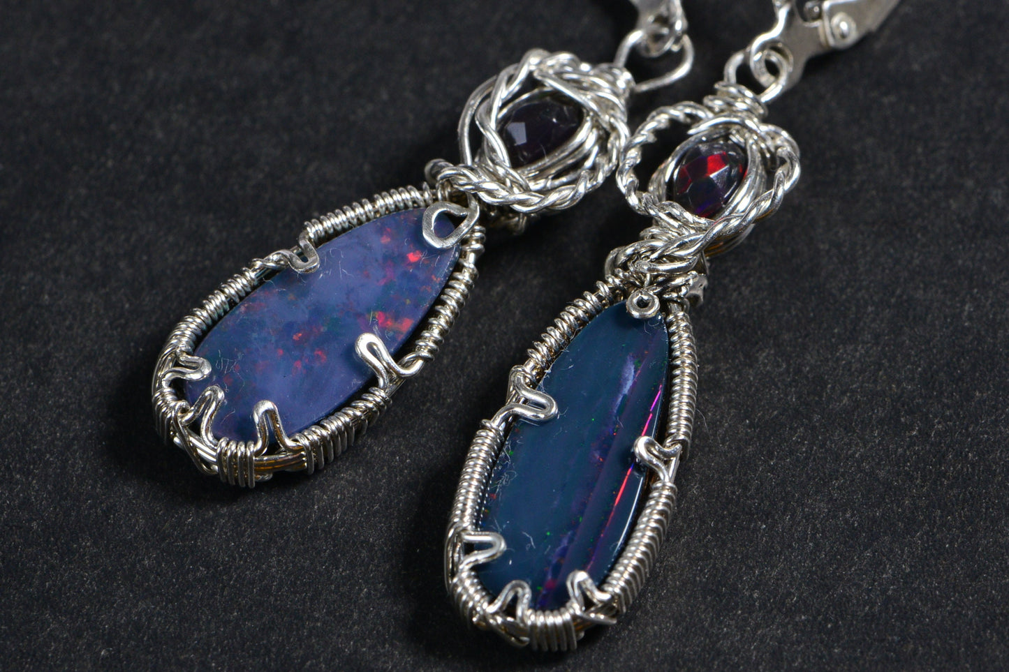 Australian Black Opal Earrings  Wire Wrapped In Sterling Silver Long Opal Teardrops Birthstone Jewelry