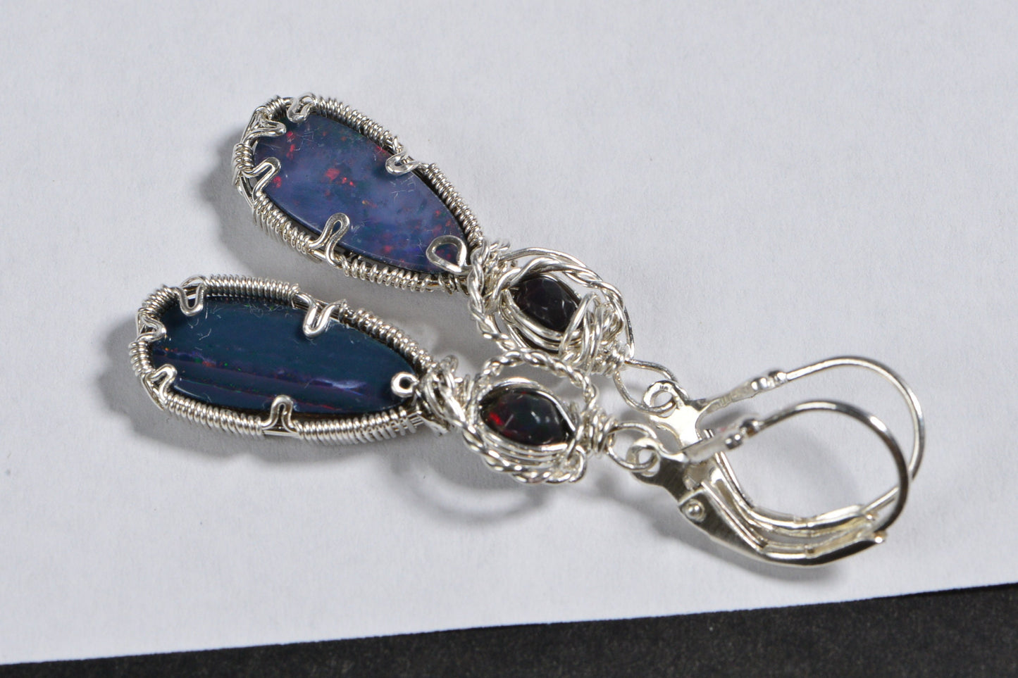 Australian Black Opal Earrings  Wire Wrapped In Sterling Silver Long Opal Teardrops Birthstone Jewelry