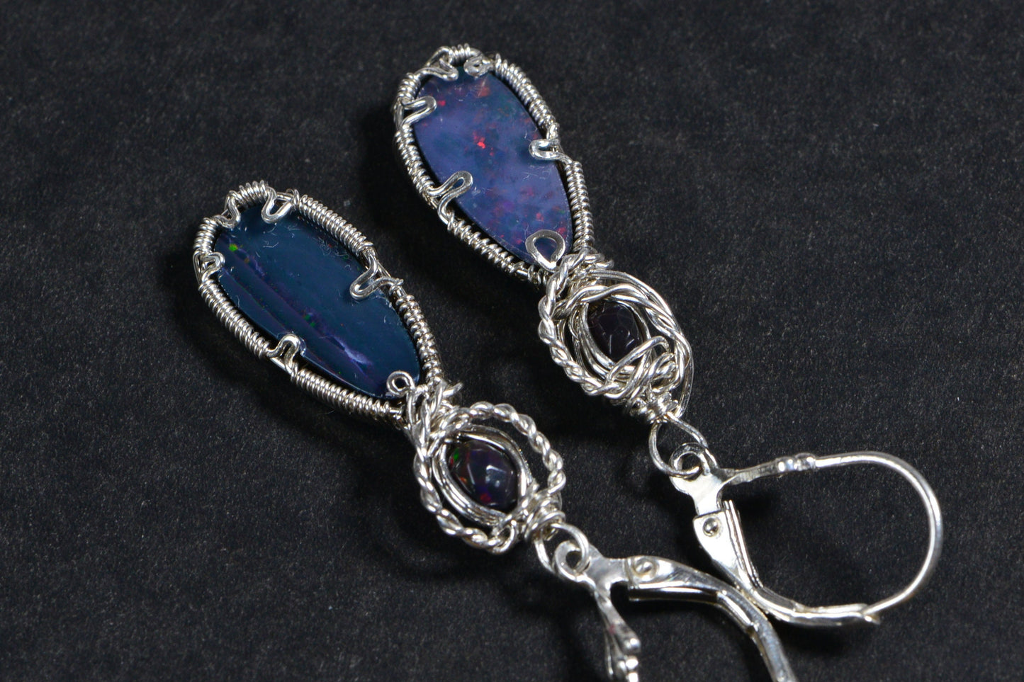 Australian Black Opal Earrings  Wire Wrapped In Sterling Silver Long Opal Teardrops Birthstone Jewelry