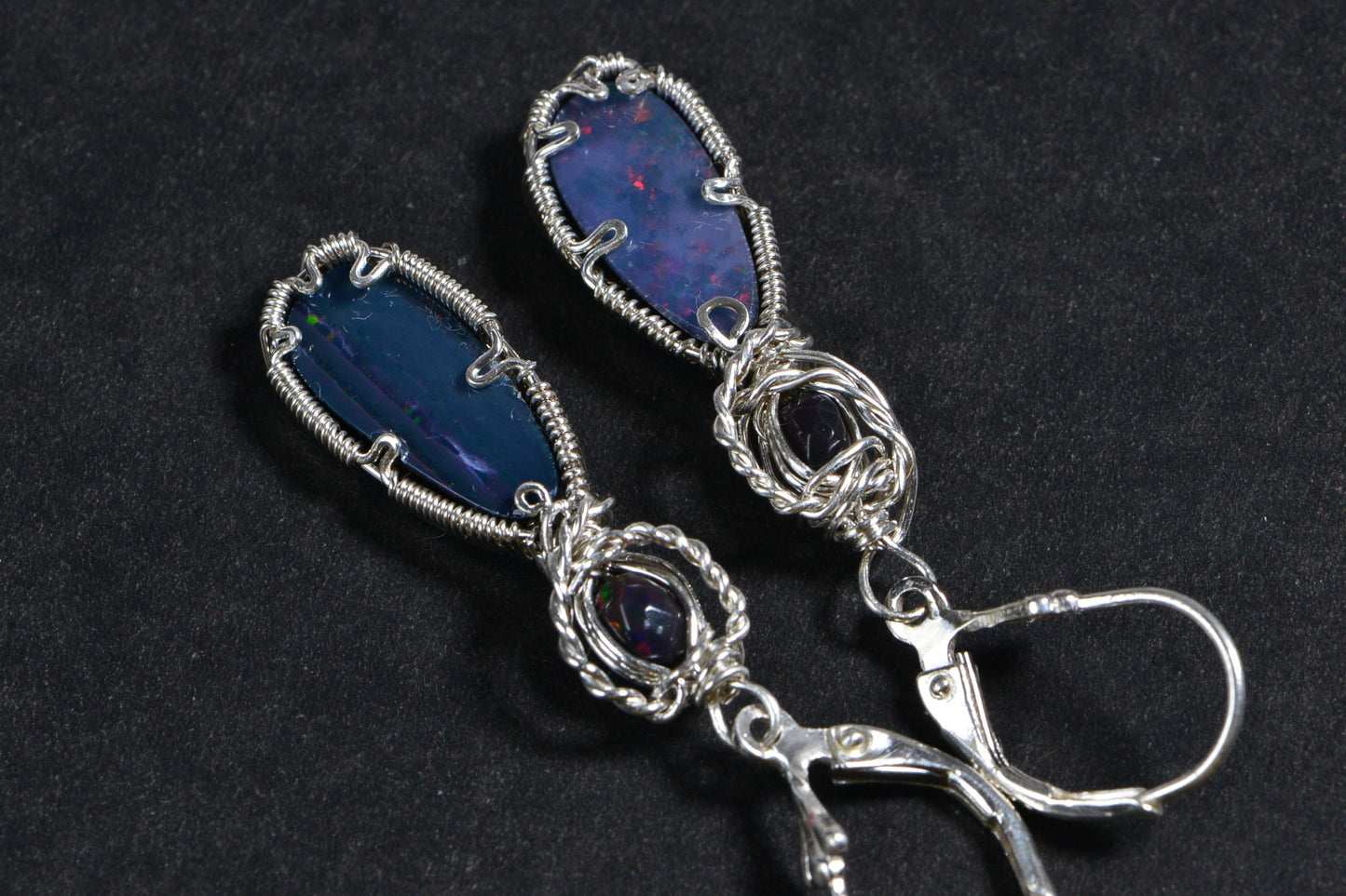 Australian Black Opal Earrings  Wire Wrapped In Sterling Silver Long Opal Teardrops Birthstone Jewelry