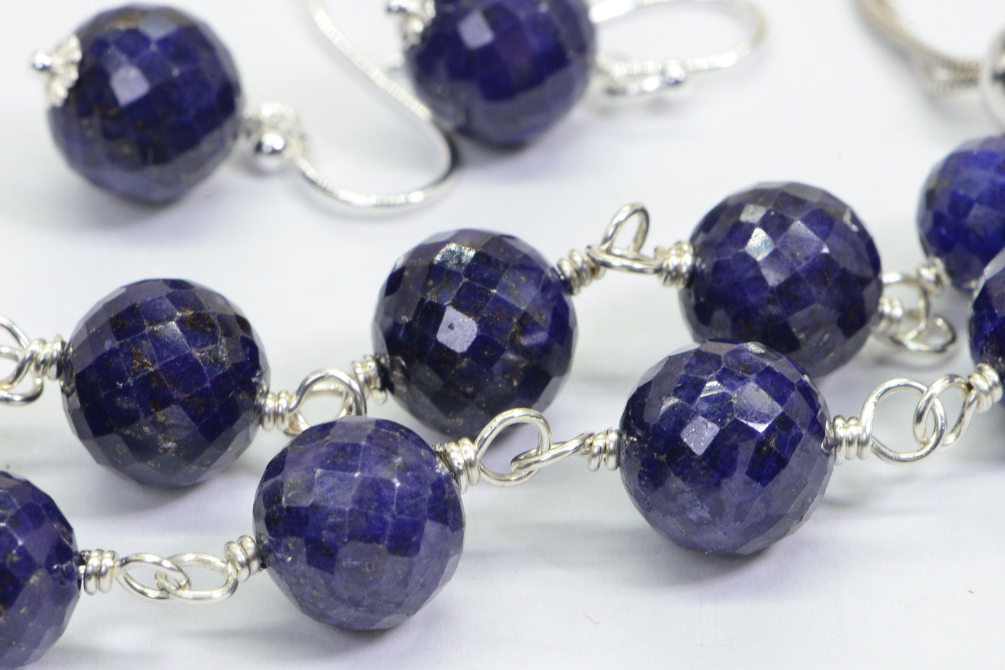 Micro Facet Sapphire Gemstone Set Earrings Bracelet Wire Wrapped Sterling Silver Bolo Style Adjustable