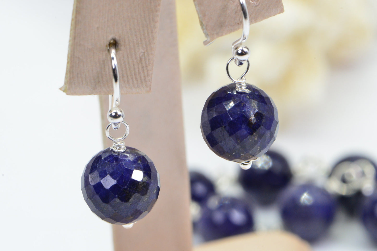 Sterling Silver Sapphire Earrings: Navy Blue Gemstone Ball