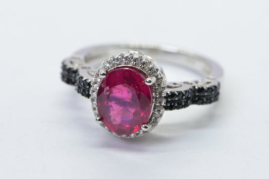 Oval Natural Ruby Black Diamond Ring  Sterling Silver Promise Engagement Ring