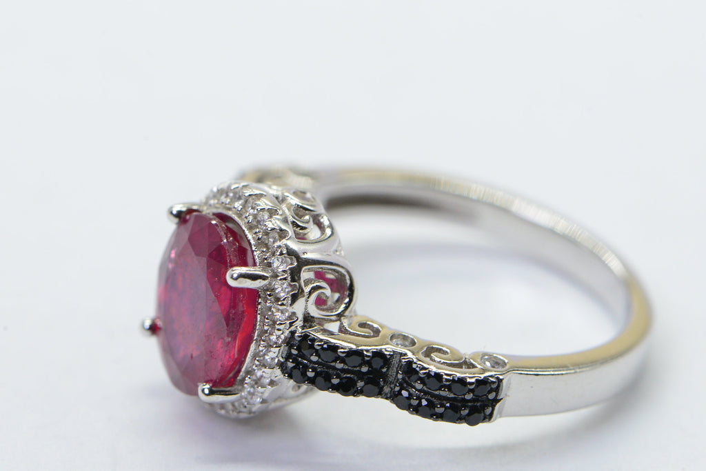 Oval Natural Ruby Black Diamond Ring  Sterling Silver Promise Engagement Ring